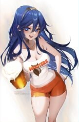 1girls alternate_costume bare_shoulders beer_mug blue_eyes blue_hair breasts cleavage collarbone commentary cup english_commentary female female female_only fire_emblem fire_emblem_awakening hair_between_eyes highres hooters long_hair looking_at_viewer lucina_(fire_emblem) medium_breasts mug nintendo no_legwear open_mouth orange_shorts short_shorts shorts sidelocks smile solo thighs tiara tofuubear waitress