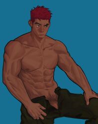 1boy abs absurdres bara clothes_pull dark-skinned_male dark_skin earrings edeued_(dpemrmfla) facial_hair feet_out_of_frame goatee goatee_stubble highres jewelry large_pectorals long_sideburns looking_to_the_side male_focus male_only male_pubic_hair mature_male muscular muscular_male navel nipples no_male_underwear original pants pants_pull pectorals penis penis_peek pubic_hair raised_eyebrow red_hair short_hair sideburns single_earring solo thick_eyebrows