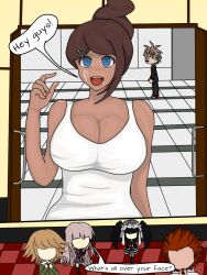 3boys 3girls asahina_aoi big_breasts blue_eyes breasts brown_hair celestia_ludenberg clothed comic comic_page cum_on_face cute danganronpa english_text female female_focus fujisaki_chihiro hairclip human kirigiri_kyouko kuwata_leon male multiple_boys multiple_girls naegi_makoto smooth_skin solo_focus text white_shirt