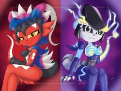 anthro anthrofied ass black_sclera blue_eyes breasts breasts_grab feathers female koraidon legendary_pokémon looking_at_viewer metal miraidon nipples nude orange_eyes paradox_pokemon pokemon pokemon_sv red robot robot_girl sitting springy_1.0 touching_breast yellow_eyes