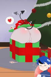 1boy anus ass big_ass big_butt blush christmas christmas_outfit christmas_tree demon demon_girl excited female gift gift_box gift_wrapped grey_skin hiding huge_ass ichigo_ink impending_sex nocturnia original pointed_tail pussy sataenart sticking_ass_out succubus sweat