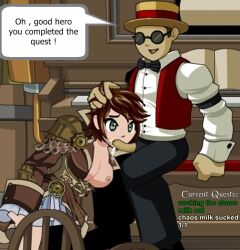 1boy1girl adventurequest_worlds aqw aqwomg aqworlds artix_entertainment blowjob boobs breasts breasts_out breasts_out_of_clothes brown_hair brown_jacket charlie_morning clothed clothed_sex cum cum_in_mouth cum_overflowing dialogue edit edited_screencap holding_head jacket male/female one_breast_out oral oral_sex original_character penis_out quest_complete round_glasses semen shades silver_hair speech_bubble straight straight_sex unzipped_pants