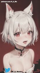 ai_generated animal_ears artist_name blush choker drool fangs female female_only half-dressed looking_at_viewer makeup medium_breasts n_a_me open_mouth pointy_chin red_background red_eyes short_hair solo stable_diffusion tongue tongue_out white_dress white_hair wolf_girl