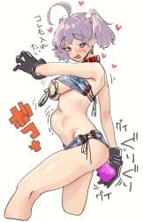 akane_(mattsuu) anal anal_insertion anal_masturbation belly_bulge collar daisy_dukes earrings gloves grey_eyes grey_hair ijnacrj japanese_text medium_breasts nipple_piercing ponytail short_shorts shorts tagme translation_request