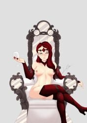 adventurequest_worlds aqw aqworlds artix_entertainment breasts choker circlet crossed_legs digital_drawing_(artwork) digital_media_(artwork) glass_chair gloves_and_boots_only grey_eyes lemonkeis nipples partially_clothed pussy_covered red_hair scarletta_tyral silver_hair sitting sitting_on_throne thighhighs throne unhappy_female wide_hips wine wine_glass