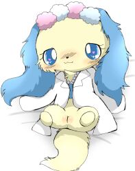 <3_eyes anthro anus azuo bird_dog blue_ears blue_eyes blush canid canine canis cavalier_king_charles_spaniel chibi clothing coat domestic_dog female flower flower_crown fluffy fluffy_ears fluffy_tail fur genitals heart hi_res hunting_dog jewelpet jewelry lab_coat mammal necklace plant plump_labia pussy sanrio sapphie_(jewelpet) semi-anthro solo spaniel spread_legs spreading tail topwear toy_dog yellow_body yellow_fur