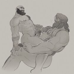 anal anal_insertion anal_sex breathing_heavily cowboy_position cum cum_in_ass cum_inside cum_on_body european_mythology god_of_war god_of_war_ragnarok kon_likes_corn kratos male male/male male_only monochrome mythology norse_mythology nude sony sony_corporation sony_interactive_entertainment sweat sweating thick thick_legs thick_penis thick_thighs thor_(god_of_war) yaoi