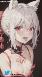 ai_generated animal_ears artist_name black_dress blush choker drool fangs female female_only hair_ornament half-dressed looking_at_viewer makeup medium_breasts n_a_me open_mouth pointy_chin red_background red_eyes short_hair solo stable_diffusion tongue tongue_out white_hair wolf_girl