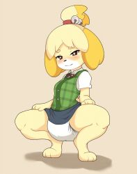 1girls animal_crossing anthro diaper diaper_under_skirt female furry isabelle_(animal_crossing) nintendo octo_jo skirt skirt_lift squatting