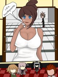 3boys 3girls asahina_aoi big_breasts blue_eyes blush breasts brown_hair celestia_ludenberg clothed comic comic_page cum_on_face cute danganronpa english_text female fujisaki_chihiro hairclip human kirigiri_kyouko kuwata_leon male multiple_boys multiple_girls naegi_makoto straight_hair sweatdrop text white_shirt