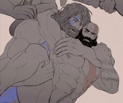 european_mythology gay god_of_war god_of_war_ragnarok kon_likes_corn kratos male/male male_only monochrome muscles muscular muscular_male mythology norse_mythology nude sony sony_corporation sony_interactive_entertainment spooning sweat sweating thick thick_thighs thor_(god_of_war)