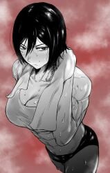 1girls above_view abs akasa523 attack_on_titan big_breasts black_hair blush blushing breasts busty dark_hair female female_only fit fit_female huge_breasts large_breasts mikasa_ackerman muscles muscular muscular_female shingeki_no_kyojin short_hair steam steaming_body steamy sweat sweating sweaty thick thick_thighs toned toned_female towel towel_around_neck