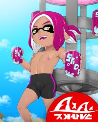 1boy advertising bike_shorts black_shorts bulge bulge_through_clothing can edit from_below inkling inkling_boy kae-est_art looking_at_viewer magenta_hair male_only nipples offering offering_to_viewer original_character penis_under_clothes pin-up pistol_(oc) sharp_teeth shirtless shorts smile soda soda_can solo spats splatoon splatoon_3 tan_skin toned toned_male trap yellow_eyes