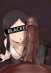 ardnades black_hair blacked censored_eyes character_request clothed clothed_female clothed_female_nude_male clothing dark-skinned_male dark_skin interracial light-skinned_female mole mole_under_eye penis penis_awe tagme