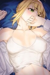 1girls ahoge artoria_pendragon bare_shoulders blonde_hair blush breasts chest collarbone covering covering_face covering_mouth cute ear_blush embarrassed eyelashes fate/stay_night fate_(series) female female_only green_eyes light-skinned_female lying nervous nipple_bulge no_bra open_shirt pov shirt short_hair shy solo tamamoice topwear white_shirt