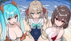 0iette 3girls beach big_breasts blue_eyes blue_hair blush brown_hair cameltoe choker crab detailed_background female female_only grey_eyes hair_ornament hi_res indie_virtual_youtuber miyune neuro-sama red_eyes swimsuit ven_(artist) virtual_youtuber