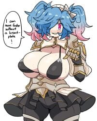 1girls armor blue_hair blush bra breasts breasts_out cleavage clothed_female english_text fire_emblem fire_emblem_fates hair_over_one_eye huge_breasts light-skinned_female medium_hair multicolored_hair nintendo notnoe_(dxcl) pantyhose partially_visible_vulva peri_(fire_emblem) pink_eyes pink_hair pointing sweat text text_bubble thick_thighs thighs white_background