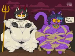 4:3 absurd_res anthro areola belly big_areola big_belly big_breasts black_hair breasts catboyz catti_(deltarune) catty_(undertale) clothed clothing costume deltarune digital_media_(artwork) domestic_cat duo ear_piercing english_text fake_horns felid feline felis female fur goth hair halloween halloween_costume hi_res holidays looking_at_viewer mammal melee_weapon morbidly_obese morbidly_obese_female mummy_costume mummy_wrappings navel nipples obese obese_anthro obese_female open_mouth overweight overweight_anthro overweight_female partially_clothed piercing polearm purple_body purple_fur sibling_(lore) simple_background smile spade_tail tail teeth text thick_thighs topwear trick_or_treat trident undertale undertale_(series) underwear weapon white_body white_fur wide_hips