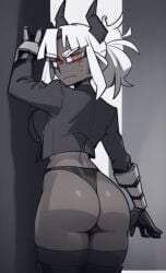 ai_generated annoyed ass big_ass dark-skinned_female demon demon_girl demon_horns demon_tail demoness female helltaker helltaker_(style) judgement_(helltaker) panties red_eyes skimpy thighhighs underwear white_hair