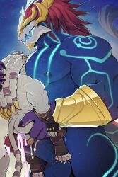 anthro aurelion_sol blue_eyes cum dragon erection gay league_of_legends male male/male male_only nipples nude penis rengar sex sollyz standing