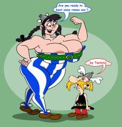 1boy 1girls asterix asterix_and_obelix big_ass big_breasts bigger_female black_hair breasts chubby chubby_female ducdevinny female male obelix oc simple_background size_difference smaller_male speech_bubble tagme