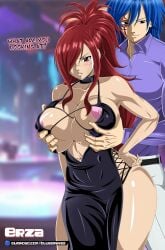 1boy 1girls big_breasts blue_hair bluegraves breast_grab breast_squeeze breasts clone club couple curvaceous curvy curvy_figure doppelganger dress edolas erza_knightwalker erza_scarlet fairy_tail female grabbing_from_behind groping groping_breasts groping_from_behind hourglass_figure jellal_fernandes large_breasts leggings long_hair male muscular muscular_female mystogan nightclub purple_clothes red_hair revealing_clothes scar shorts smile spiky_hair thick_thighs wide_hips