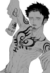 arm_grab bags_under_eyes chest_tattoo facial_hair goatee happy_trail long_sideburns looking_at_viewer male male_only monochrome nipple_piercing nipple_rings one_piece pecs sideburns solo_focus sweat tattoo tattoos topless topless_male trafalgar_law uma3_ota