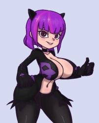 1girls big_breasts boobs breasts busty cleavage dinocore hand_on_hip huge_breasts kaya_(dinocore) looking_at_viewer navel pose posing purple_hair smile thick_thighs thighs thumbs_up villain villainess voluptuous