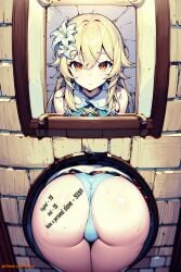 ai_generated blonde_hair body_writing bondage feather_hair_ornament flower genshin_impact glory_hole hair_flower hair_ornament lenjoy lumine_(genshin_impact) panties pricelist short_hair slave stuck_in_wall text through_wall watermark yellow_eyes