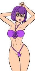 1girls armpits arms_behind_head big_breasts bikini breasts cameltoe dinocore hands_behind_back kaya_(dinocore) large_breasts looking_at_viewer navel purple_hair pussy pussy_outline smile visible_pussy voluptuous