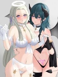 2girls absurd_res alternate_costume angel angel_wings bare_midriff bare_thighs black_panties blue_eyes blue_hair blush breasts byleth_(fire_emblem) byleth_(fire_emblem)_(female) choker cleavage crest_(fe3h) demon demon_girl demon_horns demon_tail demon_wings edelgard_von_hresvelg female female_only fire_emblem fire_emblem:_three_houses garter_belt gloves grey_hair hair_ornament hair_ribbon halo hand_on_chest hi_res highres holding_hands horns large_breasts light-skinned_female light_skin lingerie long_hair medium_hair midriff nintendo o-ring panties peli_cantaro pubic_tattoo purple_eyes see-through short_hair sideboob smooth_skin succubus succubus_tattoo tail tattoo teal_hair thighs thong underwear very_long_hair white_hair white_panties wings yuri