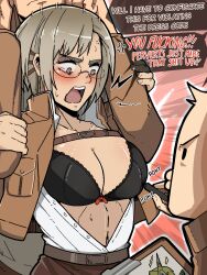 1girls 2boys angry attack_on_titan belts black_underwear blush english_text glasses gray_hair_female imminent_rape imminent_sex mark_gavatino poking restrained rico_brzenska shingeki_no_kyojin undressing white_hair