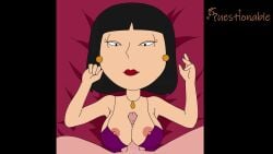 1boy 1girls 20th_century_fox 4_fingers accurate_art_style animated areolae asian asian_female bed black_hair bob_cut boobjob bra breasts earrings erect_penis family_guy female female_focus kinky light-skinned_female light_skin lips lipstick lying_on_back lying_on_bed necklace nipples nipples_outside no_sound paizuri partial_male penis purple_bra questionable_(artist) short_hair shorter_than_10_seconds tagme titfuck titjob tricia_takanawa video