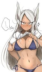 ... 1girls absurdres angry angry_face animal_ears arm_behind_back bikini blue_bikini blush blush_lines blushing blushing_at_viewer breasts breasts_focus bunny_ears cleavage closed_mouth clothes_lift dark-skinned_female dark_skin eyelashes female_focus female_only flanvia highres large_breasts lifted_by_self long_eyelashes long_hair looking_at_viewer messy_hair miruko my_hero_academia nose_blush presenting presenting_breasts pulling_up_shirt rabbit_ears rabbit_girl red_eyes rumi_usagiyama shirt shirt_lift short_sleeves shounen_jump side-tie_bikini_bottom simple_background sketch solo solo_female speech_bubble spoken_ellipsis straight_hair stray_hair sweat sweatdrop swimsuit tight_bikini very_long_hair white_background white_bunny_ears white_hair