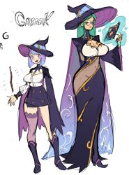 2girls big_breasts color colored dressed female female_only galbreak glasses green_eyes green_hair hat louten magdalena_(galbreak) pink_eyes purple_dress purple_skirt sketch thick thick_thighs tight_clothing wizzy_(galbreak)