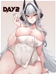 1girls alternate_costume azur_lane black_hair cleavage cup eyebrows_visible_through_hair female female_only horns kive_(kive03) kursk_(azur_lane) kursk_(lone_wolf_amid_the_steam)_(azur_lane) light-skinned_female light_skin mechanical_horns northern_parliament_(azur_lane) official_alternate_costume red_eyes silver_hair solo towel towel_only two_tone_hair wet