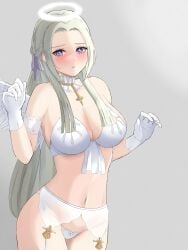 1girls angel angel_wings bare_midriff bare_thighs breasts cleavage edelgard_von_hresvelg female female_only fire_emblem fire_emblem:_three_houses garter_belt gloves grey_hair halo large_breasts long_hair midriff nintendo panties peli_cantaro purple_eyes see-through solo thighs underwear very_long_hair white_panties wings