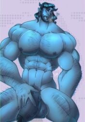 1boy 2023 balls bara beard big_penis blue_body blue_oni blue_skin blush erection facial_hair gay horns huge_balls huge_cock inayurinko japanese_mythology male male_only masturbation muscles muscular mythology oni oni_horns penis solo solo_male