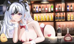 1girls azur_lane bar black_hair bunnysuit elbe_(azur_lane) eyebrows_visible_through_hair fake_animal_ears fake_rabbit_ears female female_only indoors iron_blood_(azur_lane) light-skinned_female light_skin manjuu_(azur_lane) pink_nails purple_eyes rei_tuki solo two_tone_hair white_hair wine wine_bottle wine_bottles wine_glass