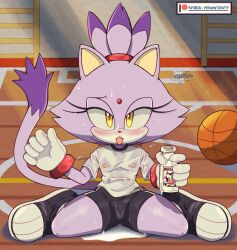 2023 anthro ball basketball_(ball) blaze_the_cat blush camel_toe clitoris clothing english_text female flat_chested genitals gym hi_res looking_back milk nipples pepamintop sega sitting solo sonic_(series) sonic_the_hedgehog_(series) sportswear text tongue tongue_out translucent translucent_clothing wet wet_clothing