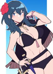 1girls alternate_costume bare_arms bare_shoulders belt bikini black_belt black_bikini black_cape black_swimsuit blue_eyes blue_hair breasts byleth_(fire_emblem) byleth_(fire_emblem)_(female) cape cleavage cowboy_shot do_m_kaeru female female_only fire_emblem fire_emblem:_three_houses fire_emblem_heroes flower hair_flower hair_ornament large_breasts long_hair navel nintendo official_alternate_costume red_flower sideboob solo standing stomach swimsuit teal_hair