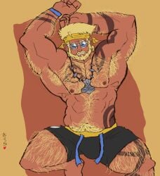 beach beach_background black_shorts blonde_hair blonde_hair_male blonde_male gay hairy hairy_male kiwibean9 marvel marvel_rivals muscular muscular_male solo solo_focus solo_male tattoo tattoo_on_arm tattooed_arm tattoos thor_(marvel) thor_(marvel_rivals)