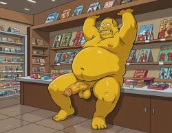 1boy 20th_century_fox 20th_century_studios ai_generated armpit arms_up balls beard belly big_belly books booster_rex brown_hair comic_book_guy desk erection facial_hair fat fat_belly fat_male genitals huge_belly human human_only indoors large_belly looking_at_viewer male male_nipples male_only mammal massive_belly mature mature_male nipples nude nude_male obese obese_male overweight overweight_male penis shelf sitting sitting_on_desk testicles the_simpsons yellow_skin