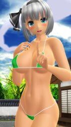 1girls 2025 3d big_breasts bikini blue_eyes_female bowtie breasts clavicle cleavage clouds female female_only ghost_girl green_bikini grey_hair_female hati_yukkuri_mmd headband hips jpeg light-skinned_female looking_at_viewer mmd navel open_mouth sky solo_female spirit swimsuit touhou trees uncanny_valley waist will-o-wisp youmu_konpaku