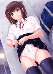 bra cameltoe panties school_uniform see-through see-through_panties skirt_lift thighhighs tsuchinoto wet wet_clothes