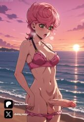 1futa ai_generated balls breasts cock colored dick erection female futa/female futa_only futanari green_eyes intersex jojo's_bizarre_adventure light-skinned_futa light_skin medium_ass medium_breasts nickythecreator penis pink_bikini pink_eyes sexy sexy_body sexy_pose short_hair standingpanties_down testicles trish_una uncensored veiny_penis vento_aureo