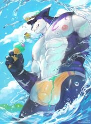 2_penises abs absurd_res anthro bulge clothing dessert diphallism dog_tags fish food genitals hat headgear headwear hi_res ice_cream male marine multi_genitalia multi_penis muscular muscular_anthro muscular_male nipples pecs penis shark solo water xxl_woofia
