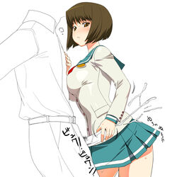 a1 breasts brown_hair erection hagiwara_yukiho hair handjob highres idolmaster idolmaster_xenoglossia initial-g large_breasts line_art penis premature_ejaculation reverse_grip school_uniform serafuku short_hair simple_background skirt standing tekoki uncensored xenoglossia