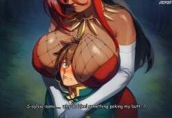 1boy 1futa ai_generated aigatari big_breasts blush breasts brown_hair brown_skin cleavage clothed dark-skinned_female dark-skinned_futa dress english_text female fishnets futa_on_male futanari gloves head_between_breasts huge_breasts interracial intersex kono_subarashii_sekai_ni_shukufuku_wo! konosuba large_breasts larger_futa male night outdoors red_dress satou_ka satou_kazuma size_difference smaller_male sylvia_(konosuba) text