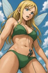 1boy 1girls 2025 ai_art ai_generated angry annoyed belly belly_button bikini blonde_hair blue_eyes breasts climbing fairy fairy_wings giant_fairy giantess green_bikini larger_female long_hair pointy_ears size_difference smaller_male sweat thighs